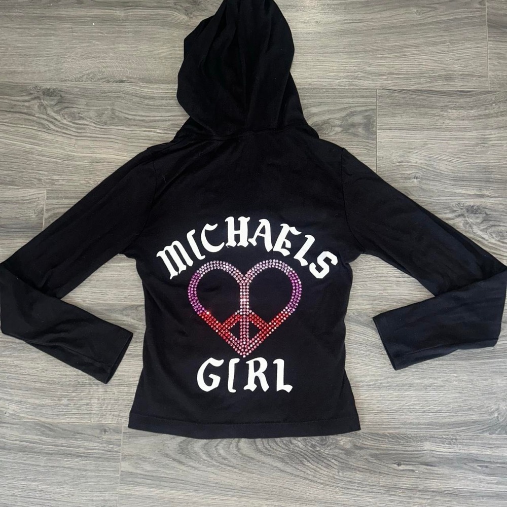 Y2K 2000s 100% cotton Womens Black Full Zip Hoodie L Peace Rhinestone